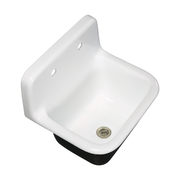 Kingston Brass 22" Cast Iron Single Bowl Wall Mount Kitchen Sink, 2-Hole with Strainer, White/Brushed Nickel KGCKWS2218228 - main