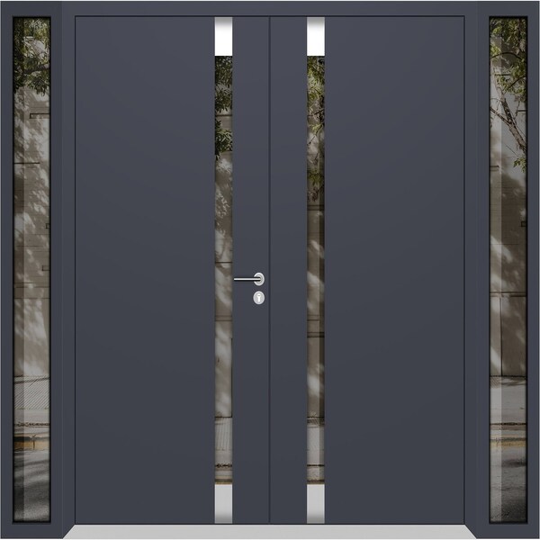 Vdomdoors Aluminum Double Doors Cynex 6777 Grey 2 Sidelights Mirrored Clear Glass Modern Painted 104x80 (W16+ CYNEX6777DEXD-GRE-W16+72+16xH80-RH-I - main
