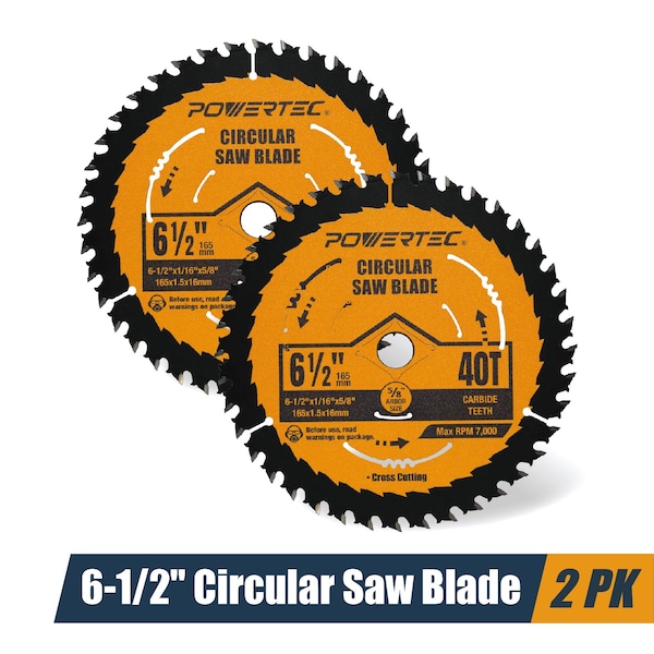 Powertec 6-1/2in Circular Saw Blade, 5/8in Arbor, 1/16in Kerf, 40-Tooth Carbide-Tipped Blade, 2PK 14023-P2 - main