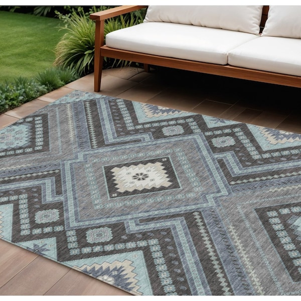 Homeroots 8' X 10' Pewter Charcoal And Sky Blue Tribal Washable Indoor Outdoor Area Rug 598151 - main