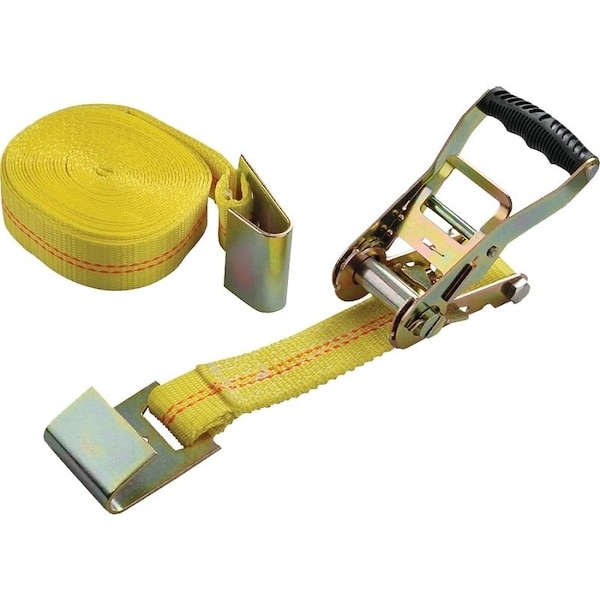 Prosource Tie-Down, 2 in W, 27 ft L, Polyester Webbing, Metal Ratchet, Yellow, 3333 lb, Flat Hook End Fitting FH64065 - main