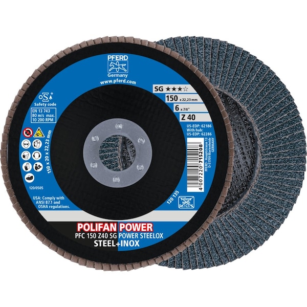 Pferd 6'' x 7/8'' A.H. POLIFAN Flap Disc - Z SG POWER STEELOX, Zirconia, 40 Grit, Conical 62186 - main