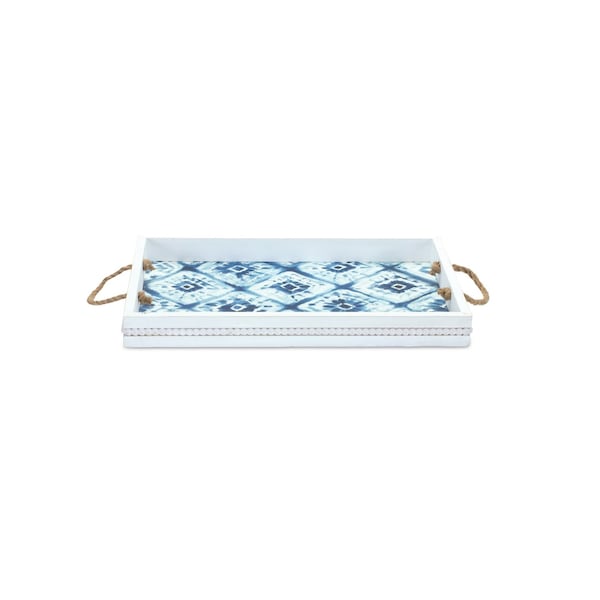 Homeroots Set of Two White And Blue Solid Wood Geometric Trays With Handles 516328 - main