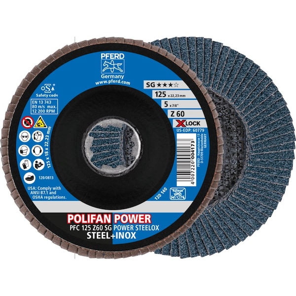 Pferd 5'' X-LOCK POLIFAN Flap Disc - Z SG POWER STEELOX, Zirconia, 60 Grit, Conical 60779 - main