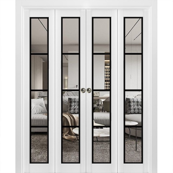 Sartodoors Sliding Closet Double Bi-fold Doors, Lucia 2466 White Silk with Clear Glass and Aluminum Strips, S LUCIA2466DBF-WS-72 x 80 (4* 18x80) - main