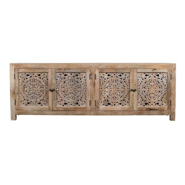 Homeroots 86in Natural Carved Floral Distressed Solid Wood Enclosed Storage TV Stand 489499 - main