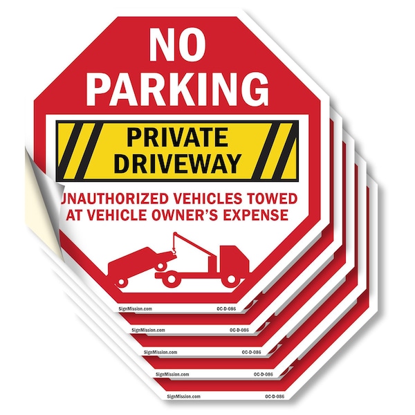 Signmission No Parking Private Driveway Unautho, 4 inch X 4 inch, Vinyl Decal, 5PK OC-D-5PACK-4-86 - main