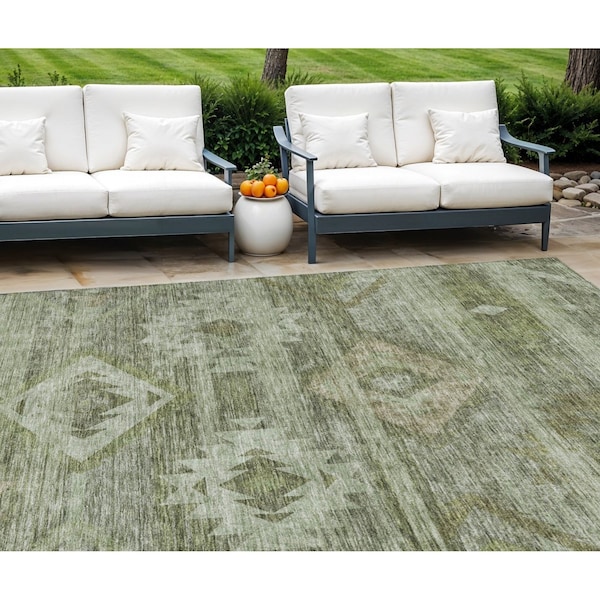Homeroots 8' X 10' Olive Green And Fern Green Southwestern Washable Indoor Outdoor Area Rug 588717 - main