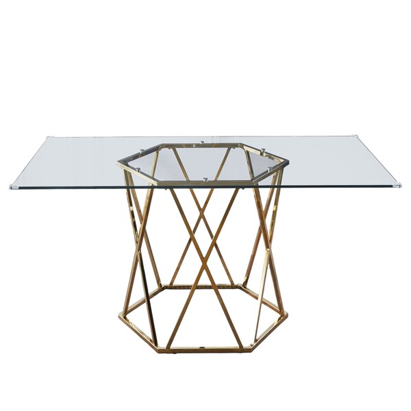 Homeroots 63" Clear and Gold Glass and Metal Geo Pedestal Base Dining Table 602328 - main