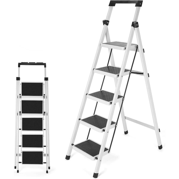 Wrightmaster 5-Step Iron Step Stool (9 ft. Reach), 330 lb. Load Capacity with Workbench and Anti-Slip Wide Pedals ZR-C5-WHITE - main