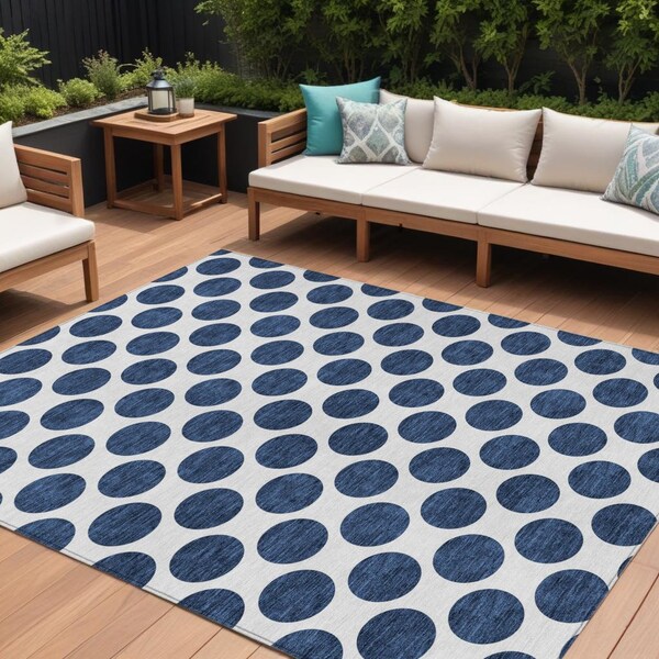 Homeroots 10' X 14' Navy Blue And Ivory Polka Dot Washable Indoor Outdoor Area Rug 614928 - main