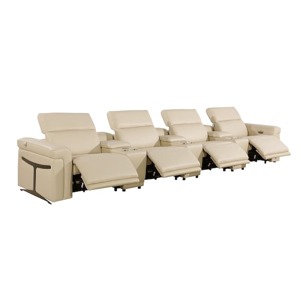 Homeroots 166" Beige Top Grain Leather Reclining Metal USB Sofa 720371 - main