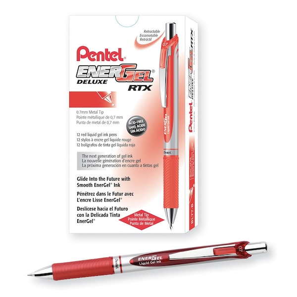 Pentel EnerGel RTX Retractable Liquid Gel Pen, (0.7mm) Metal Tip, Medium Line, Red Ink, 1 Dozen, 12PK BL77-B - main