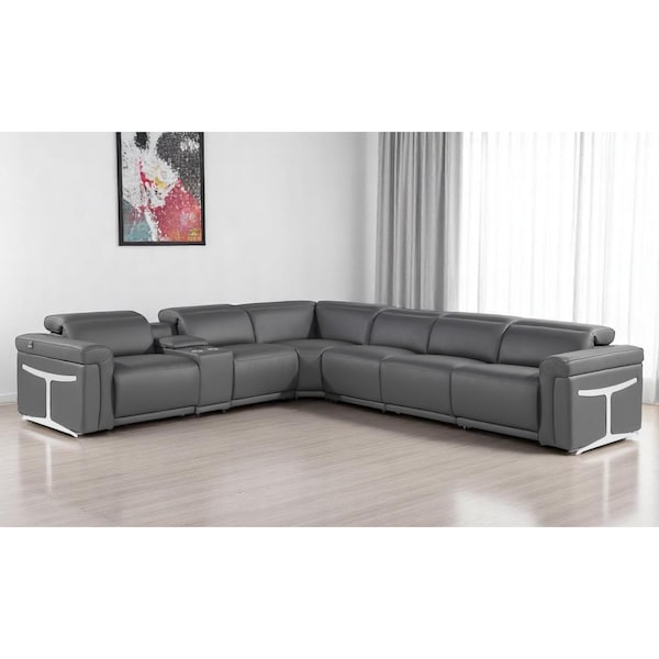 Homeroots Gray Italian Leather Modular L Shaped Seven Piece Corner Sectional With Console 534867 - main