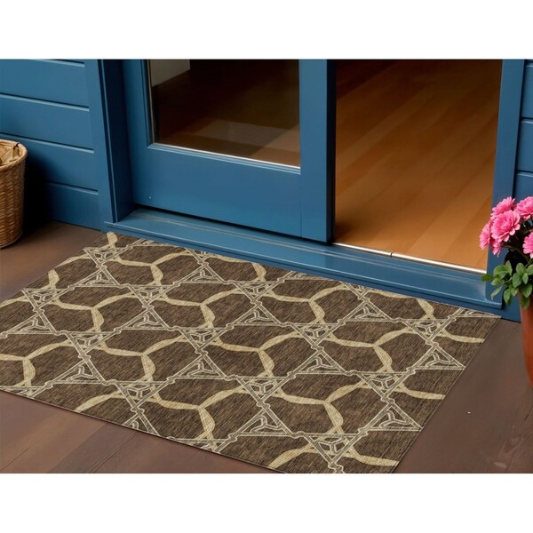 Homeroots 3' X 5' Brown And Beige Geometric Washable Indoor Outdoor Area Rug 613476 - main
