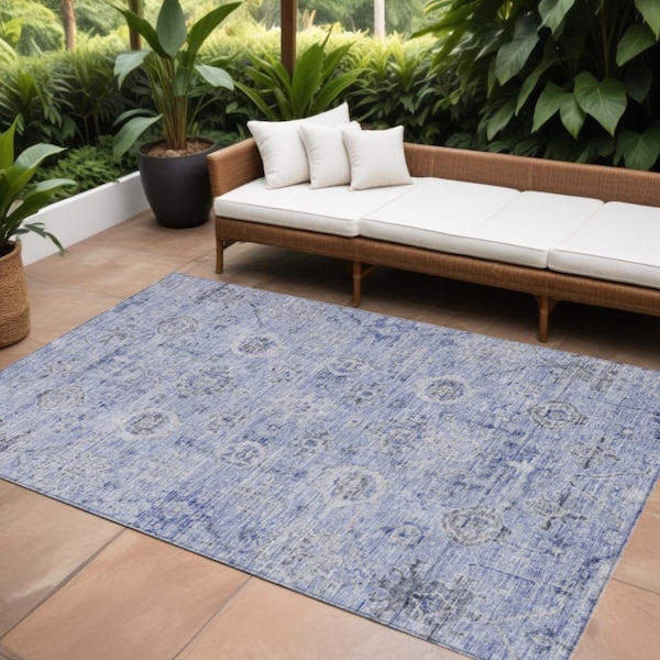 Homeroots 8' X 10' Blue And Gray Damask Washable Indoor Outdoor Area Rug 604189 - main