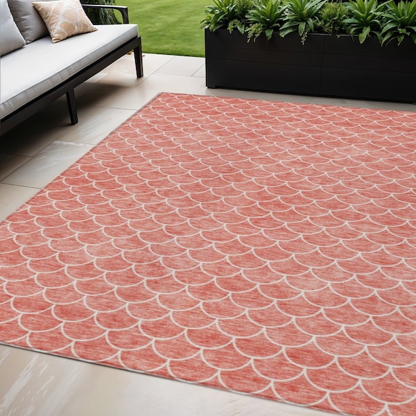 Homeroots 5' X 8' Salmon And Ivory Geometric Washable Indoor Outdoor Area Rug 596202 - main