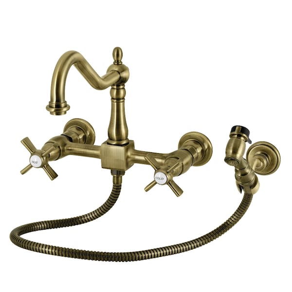 Kingston Brass Two-Handle Wall Mount Bridge Kitchen Faucet with Brass Sprayer, Antique Brass KS1243ZXBS - main