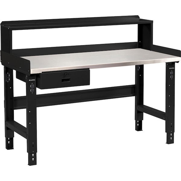 Global Industrial 72 x 30 Adj Height Workbench w/DrawerandRiser, BK- Stainless Steel Square Top 239126BBK - main