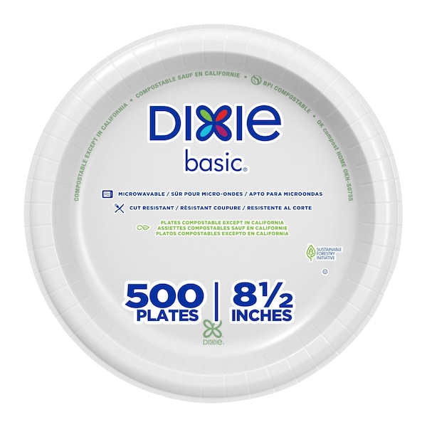 Dixie Disposable Paper Plate, 8 1/2 in, White, PK500 DBP09W - main