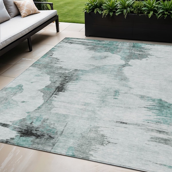 Homeroots 5' X 8' Teal Blue Silver And Gray Abstract Washable Indoor Outdoor Area Rug 582687 - main
