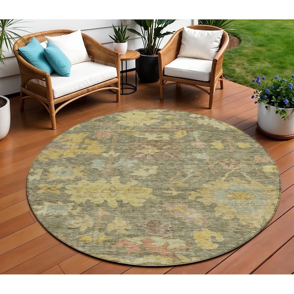 Homeroots 8' Artichoke Green Coral And Brown Round Floral Washable Indoor Outdoor Area Rug 604104 - main