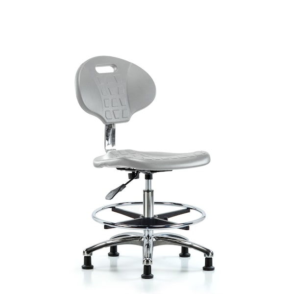 Blue Ridge Ergonomics CL10CleanRoom Chair - Medium Bench Height with Chrome Foot Ring & Stationary Glides in Gray Poly CLR-TPMBCH-CR-A0-CF-RG-GRY - main