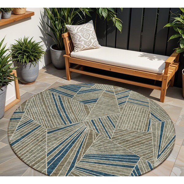 Homeroots 8' Taupe Blue And Beige Round Geometric Washable Indoor Outdoor Area Rug 594817 - main