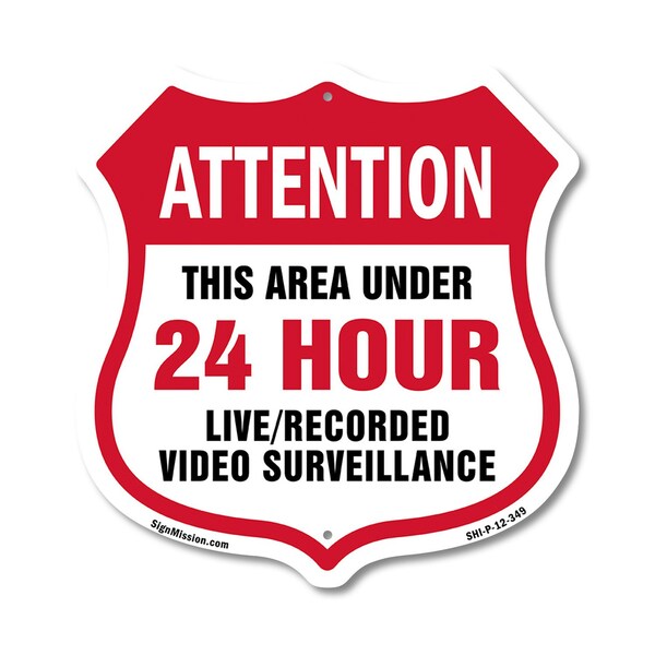 Signmission 24 Hour Surveillance Shield Sign Attenti, 12 Inch X 12 Inch, Plastic Sign SHI-P-12-349 - main