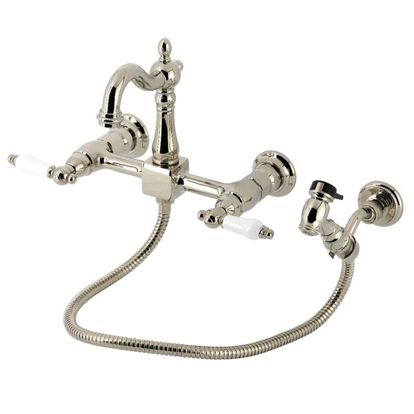 Kingston Brass Two-Handle Wall Mount Bridge Kitchen Faucet with Brass Sprayer, Polished Nickel KS2446PLBS - main