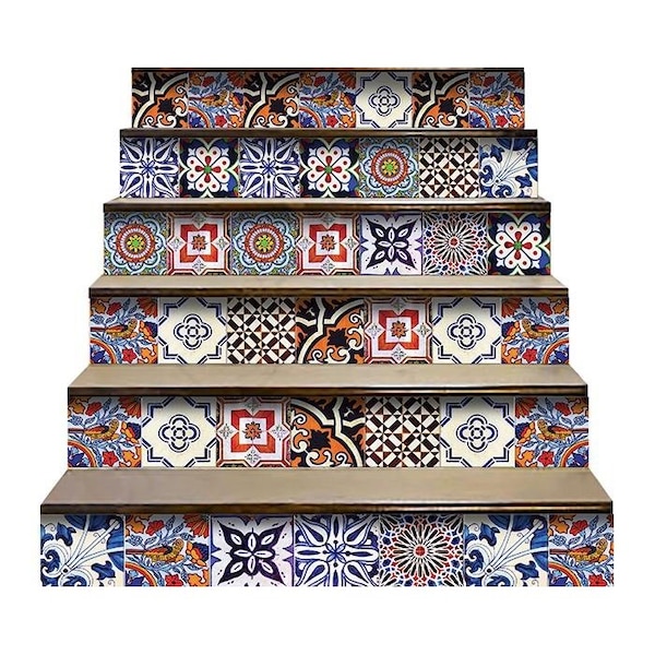 Homeroots 7" x 7" Blues and Reds Mosaic Peel and Stick Removable Tiles 400462 - main