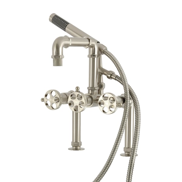 Kingston Brass 7" Center Deck-Mount Clawfoot Tub Faucet with Knurled Handle and Hand Shower, Brushed Nickel AE6408RKX - main