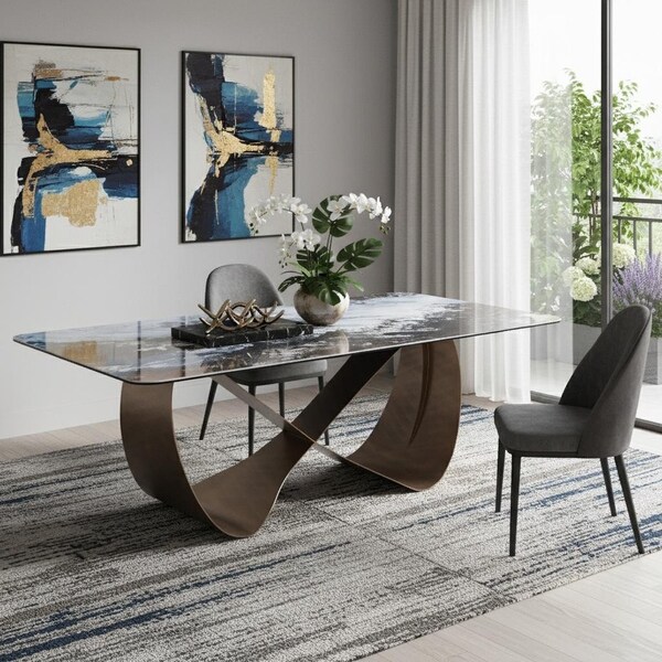 Homeroots 94" Black White and Bronze Ceramic and Steel Cross Leg Base Dining Table 718894 - main
