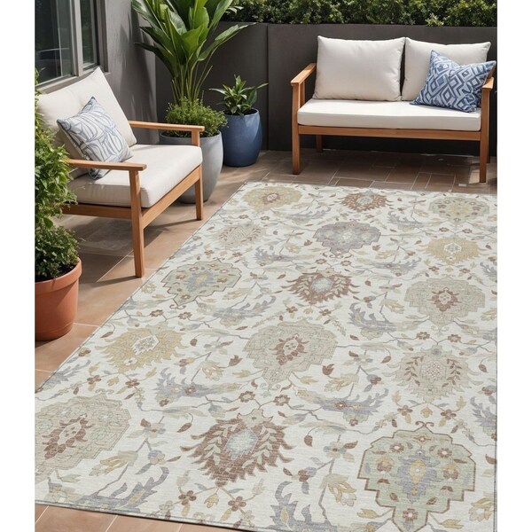 Homeroots 5' X 8' Ivory Brown And Gray Damask Washable Indoor Outdoor Area Rug 599425 - main
