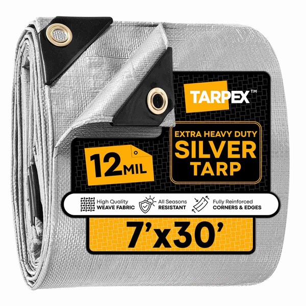 Tarpex Extra Heavy Duty Tarp, 7 ft x 30 ft, 12 Mil, Silver, Polyethylene STHD-TA-730 - main