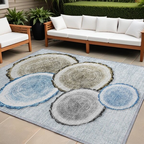 Homeroots 8' X 10' Blue Gold and Gray Faux Bois Washable Non Skid Indoor Outdoor Area Rug 564407 - main