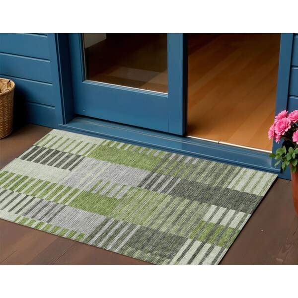 Homeroots 3' X 5' Green And Olive Green Striped Washable Indoor Outdoor Area Rug 581695 - main