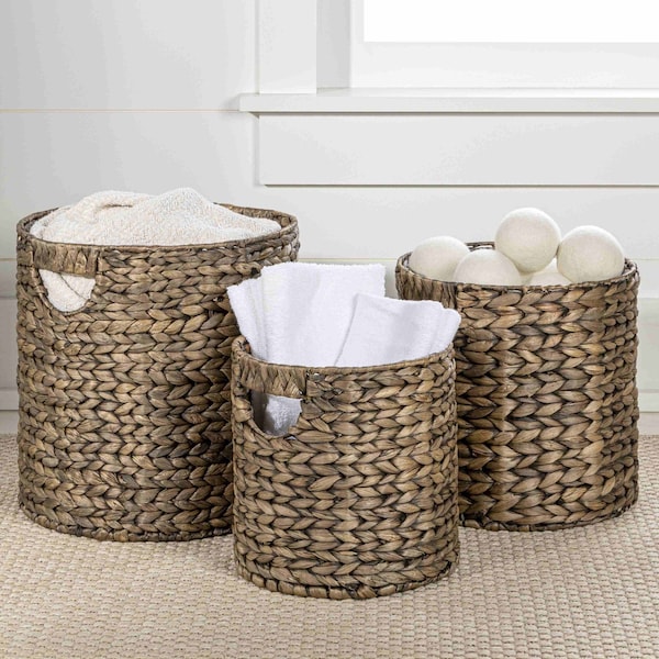 Happimess Avery Bohemian Cottage Hand-Woven Hyacinth Cylinder Nesting Baskets with Handles, Brown, 3PK BSK2011B-3SET - main