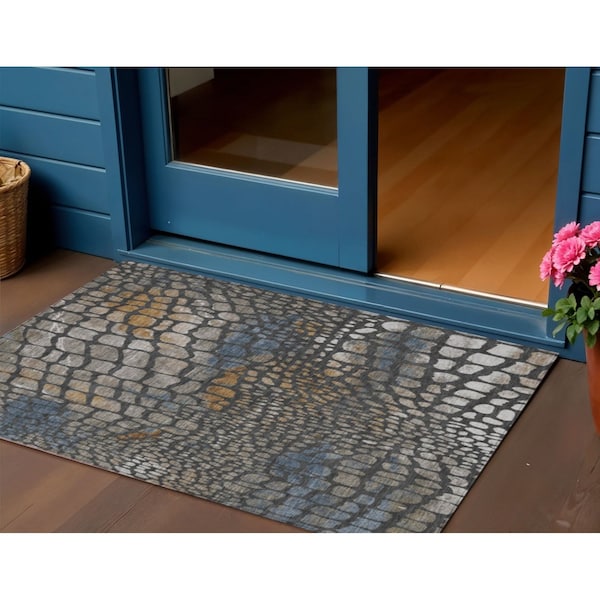 Homeroots 3' X 5' Charcoal Brown And Copper Abstract Washable Indoor Outdoor Area Rug 596782 - main