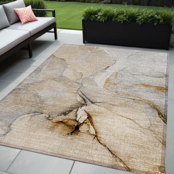 Homeroots 5' X 8' Beige Abstract Washable Non Skid Indoor Outdoor Area Rug 559671 - main