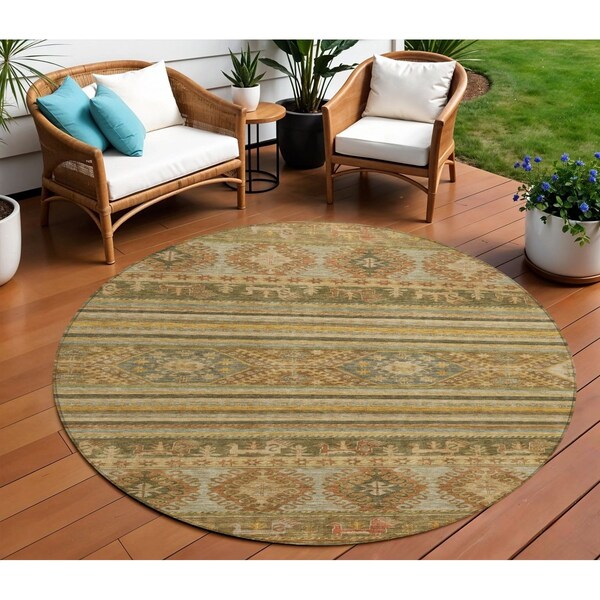 Homeroots 8' Beige Taupe And Gold Round Tribal Washable Indoor Outdoor Area Rug 615394 - main