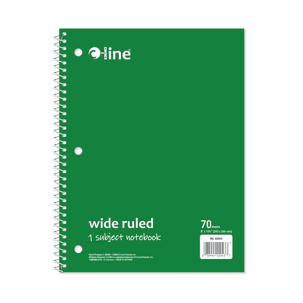 C-Line Products 8-1/2" x 10-1/2" Green Wide Ruled 1-Subject Spiral Notebook, 1/EA, 24EA/CT 22043-CT - main
