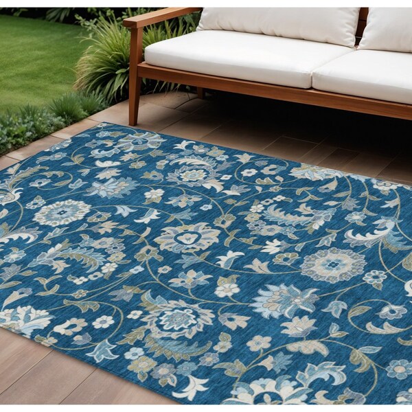 Homeroots 8' X 10' Navy Blue Ivory And Gray Floral Washable Indoor Outdoor Area Rug 597833 - main