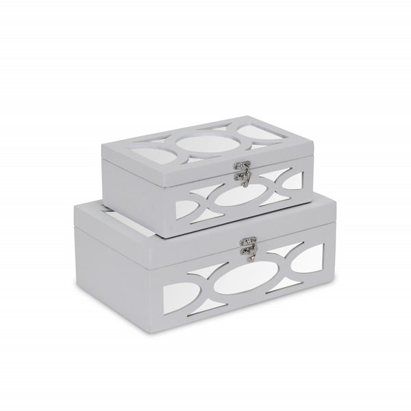 Homeroots Set of Two White Mirrored Glass And Wood Box With Lid, 2PK 399676 - main