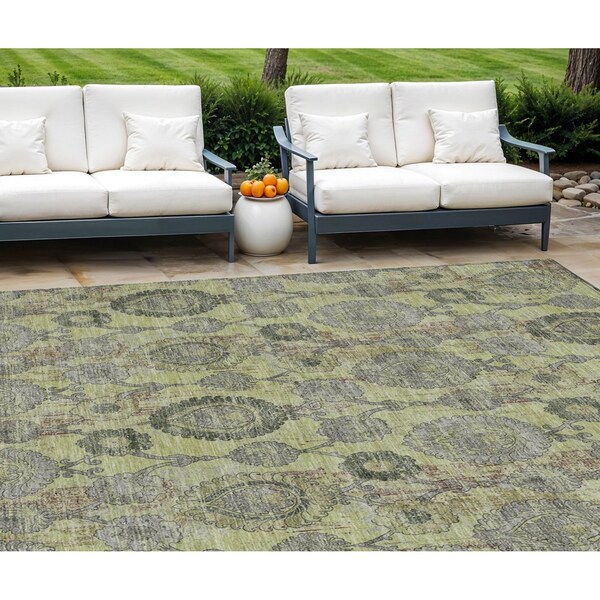 Homeroots 10' X 14' Artichoke Green And Gray Damask Washable Indoor Outdoor Area Rug 588135 - main