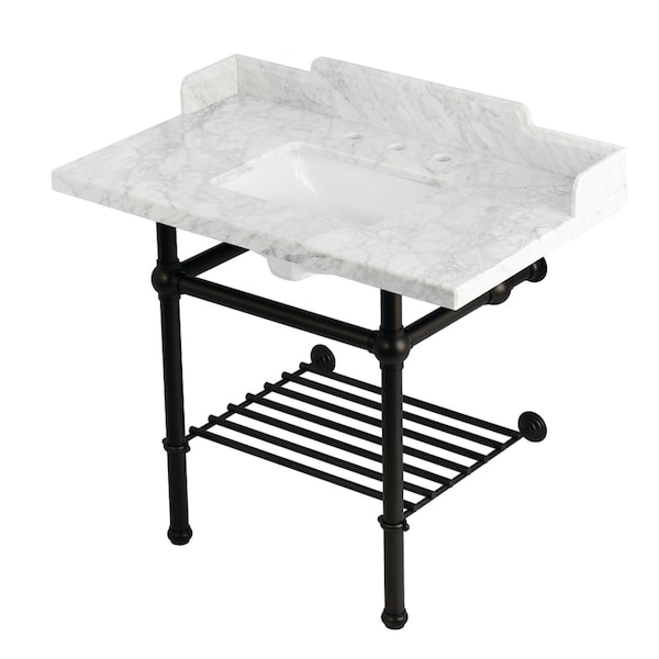 Kingston Brass 36-Inch Carrara Marble Console Sink with Brass Legs and Shelf, 8-Inch, 3-Hole LMS3630MBSQB5 - main