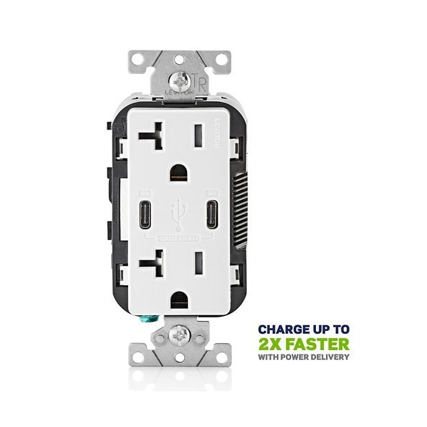Leviton Duplex Outlet, USB C, White 20A, 125V T5835-W - main