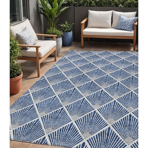 Homeroots 5' X 8' Navy Blue Gray And Ivory Geometric Washable Indoor Outdoor Area Rug 594726 - main