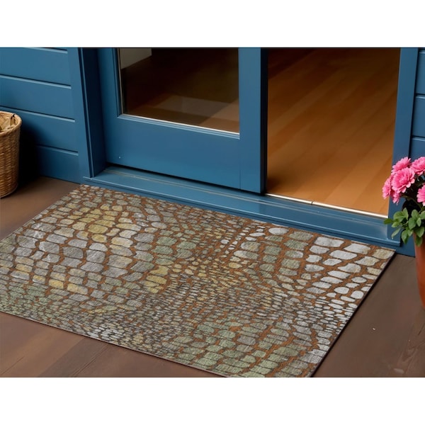 Homeroots 3' X 5' Copper Gold And Brown Abstract Washable Indoor Outdoor Area Rug 596812 - main