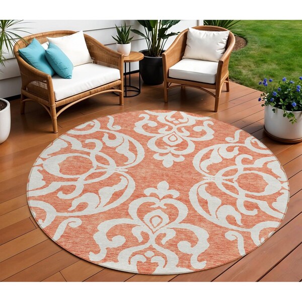 Homeroots 8' Coral And Ivory Round Damask Washable Indoor Outdoor Area Rug 614421 - main